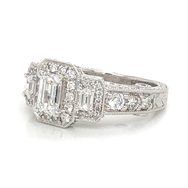 14kt White Gold Emerald Three Stone Halo Engagement Ring Image 2 Meigs Jewelry Tahlequah, OK