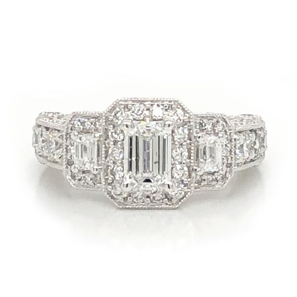 14kt White Gold Emerald Three Stone Halo Engagement Ring Meigs Jewelry Tahlequah, OK