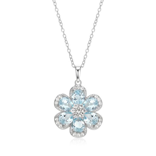 Sterling Silver Blue Topaz Flower Pendant with White Topaz Necklace Meigs Jewelry Tahlequah, OK