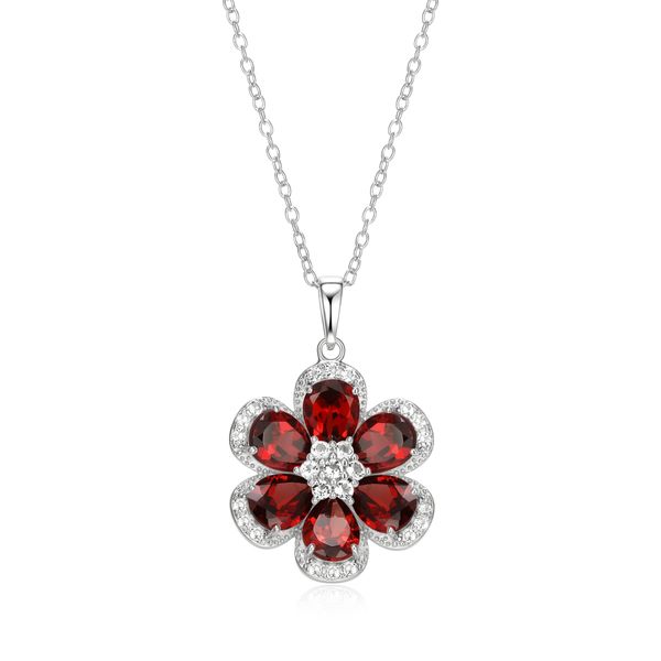 Sterling Silver Garnet Flower Pendant with White Topaz Necklace Meigs Jewelry Tahlequah, OK