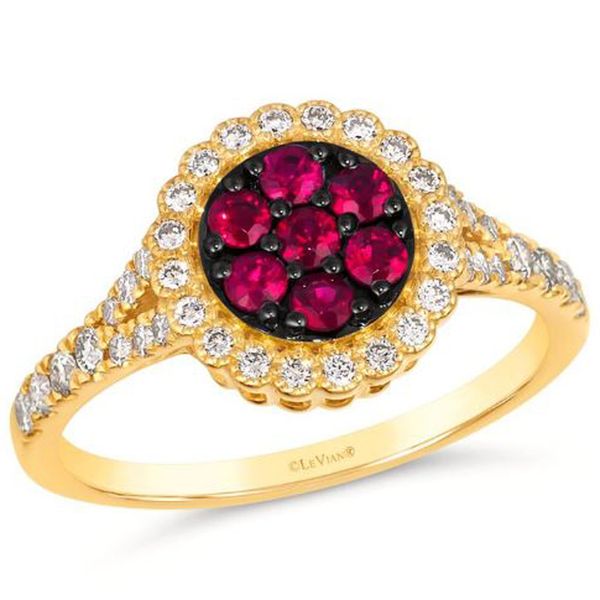 14KY .43DTW/.36RUBY RND CLUSTER HALO RING Meigs Jewelry Tahlequah, OK