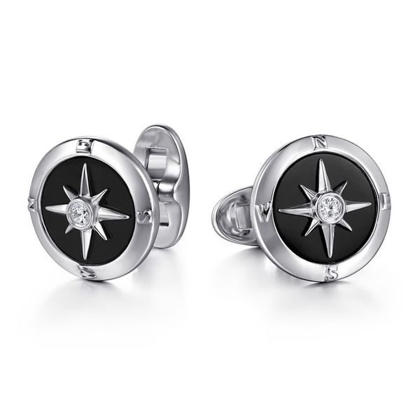 Sterling Silver Round Compass Cufflinks Diamond and Onyx Meigs Jewelry Tahlequah, OK