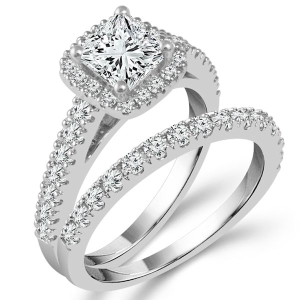 White Gold Princess Cut Diamond Halo Wedding Set Meigs Jewelry Tahlequah, OK