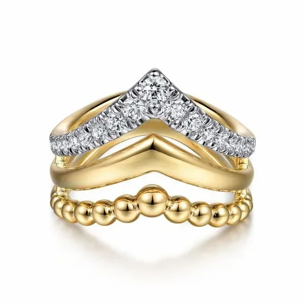 Gabriel & Co. 14K Yellow Gold Triple Row Bujukan Chevron Diamond Ring Meigs Jewelry Tahlequah, OK