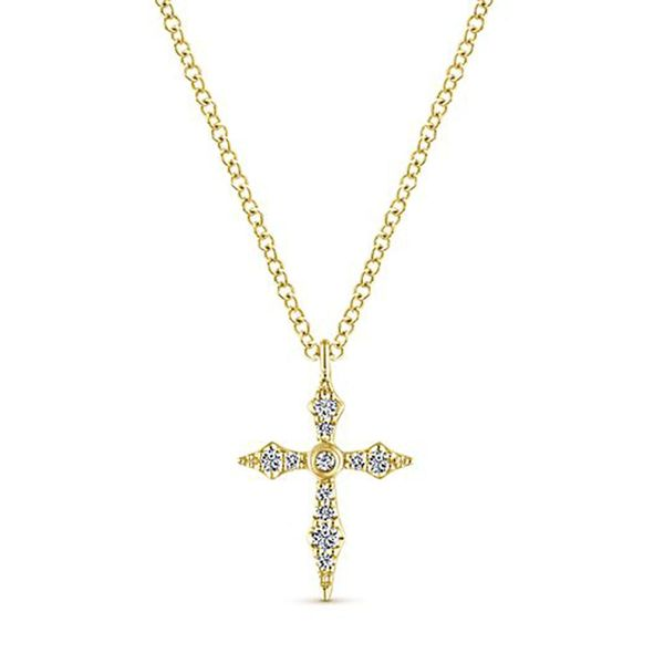 14kt Yellow Gold Sculpted Diamond Cross Necklace Meigs Jewelry Tahlequah, OK