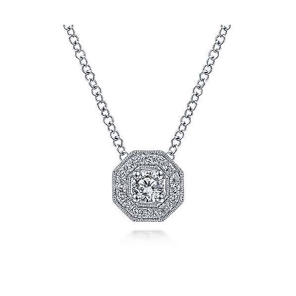 Gabriel & Co. White Gold Diamond Halo Necklace Meigs Jewelry Tahlequah, OK