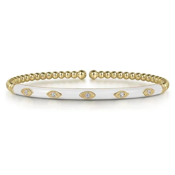 14K Yellow Gold Bujukan Beads and Diamond Split Bangle with White Enamel Meigs Jewelry Tahlequah, OK