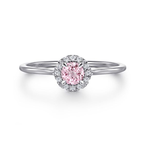 Gabriel & Co. White Gold Created Pink Zircon Diamond Halo Ring Meigs Jewelry Tahlequah, OK