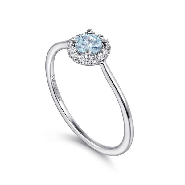 Gabriel & Co. Aqua & Diamond Halo Ring Image 2 Meigs Jewelry Tahlequah, OK
