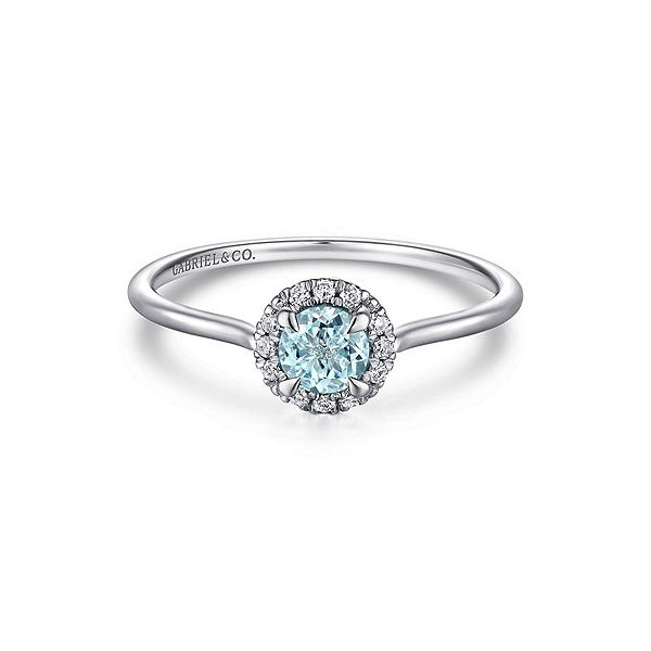Gabriel & Co. Aqua & Diamond Halo Ring Meigs Jewelry Tahlequah, OK