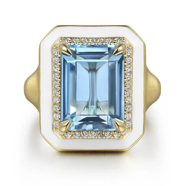 14K Yellow Gold Diamond and Blue Topaz Emerald Cut Ladies Ring With Flower Pattern J-Back and White Enamel Meigs Jewelry Tahlequah, OK