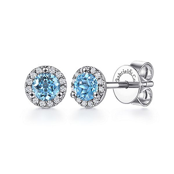 Gabriel & Co. Blue Topaz & Diamond Stud Halo Earrings Meigs Jewelry Tahlequah, OK