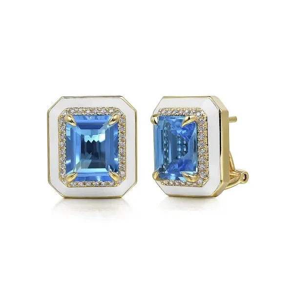14K Yellow Gold Diamond and Blue Topaz Emerald Cut Earrings With Flower Pattern J-Back and White Enamel Meigs Jewelry Tahlequah, OK