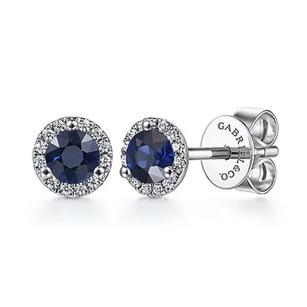 Gabriel & Co. Sapphire & Diamond Halo Stud Earrings Meigs Jewelry Tahlequah, OK
