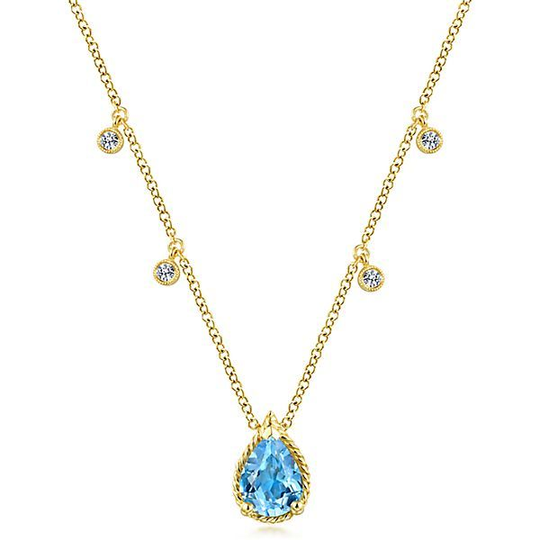 14kt Yellow Gold Pear Shape Swiss Blue Topaz Diamond Station Necklace Meigs Jewelry Tahlequah, OK