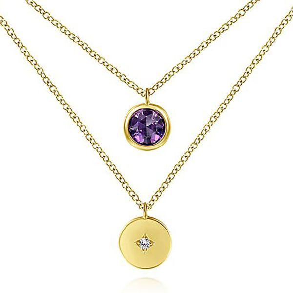 14kt Yellow Gold Round Bezel Set Amethyst Diamond Disc Two Row Necklace Meigs Jewelry Tahlequah, OK