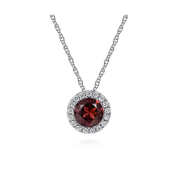 Gabriel & Co. Garnet & Diamond Halo Necklace Meigs Jewelry Tahlequah, OK