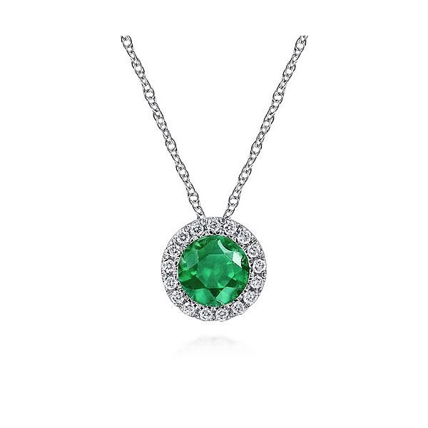 Gabriel & Co. White Gold Emerald and Diamond Halo Pendant Necklace Meigs Jewelry Tahlequah, OK