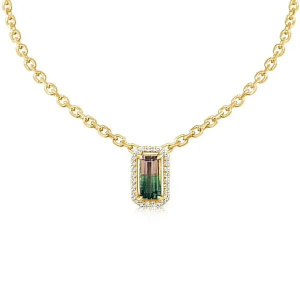 14k Yellow Gold Watermelon Tourmaline Diamond Halo Necklace Meigs Jewelry Tahlequah, OK