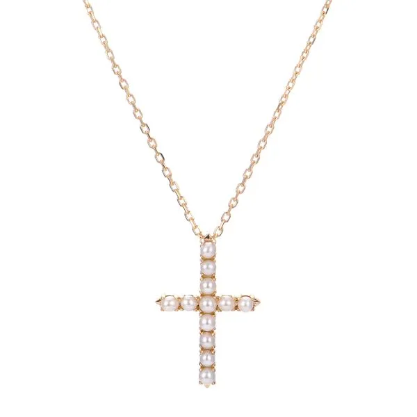 Yellow Gold Seed Pearl Cross Necklace Meigs Jewelry Tahlequah, OK