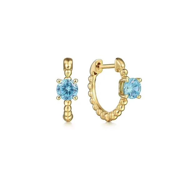 Gabriel & Co. 14K Yellow Gold Round Swiss Blue Topaz Bujukan Huggies Meigs Jewelry Tahlequah, OK