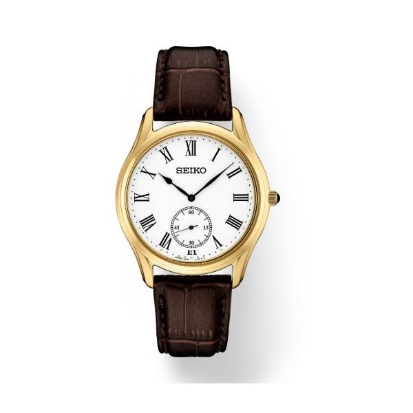 GOLDTONE W/BROWN LEATHER STRAP WHT DIAL SEIKO WATCH Meigs Jewelry Tahlequah, OK