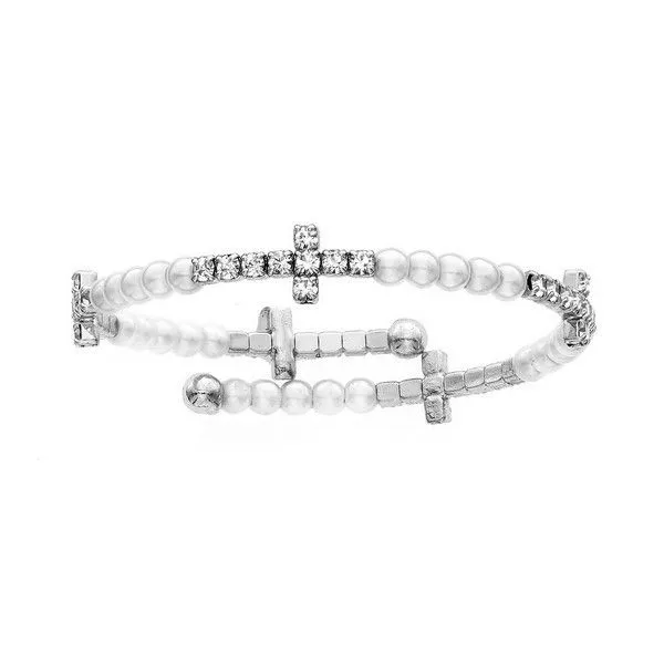 Silver Tone Children's Faux Pearl & Crystal Cross Bangle Meigs Jewelry Tahlequah, OK