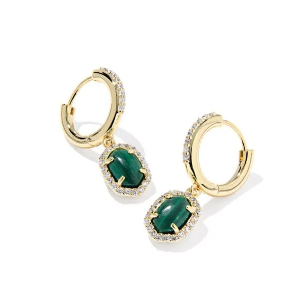 Yellow Gold Plated Green Malachite Daphne Crystal Frame Huggie Earrings Meigs Jewelry Tahlequah, OK
