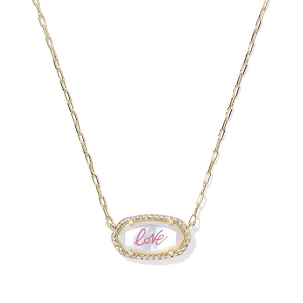Yellow Gold Ivory Mother of Pearl Love Script Elisa Pave Necklace Meigs Jewelry Tahlequah, OK