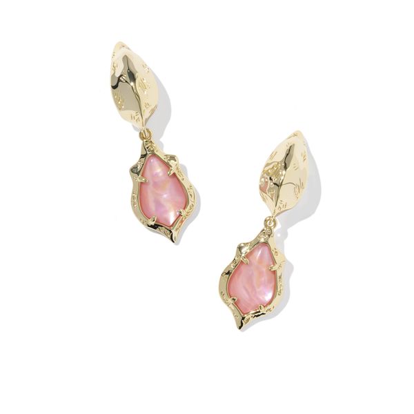 Yellow Gold Plated Pink Iridescent Adriana Scallop Huggie Earrings Meigs Jewelry Tahlequah, OK