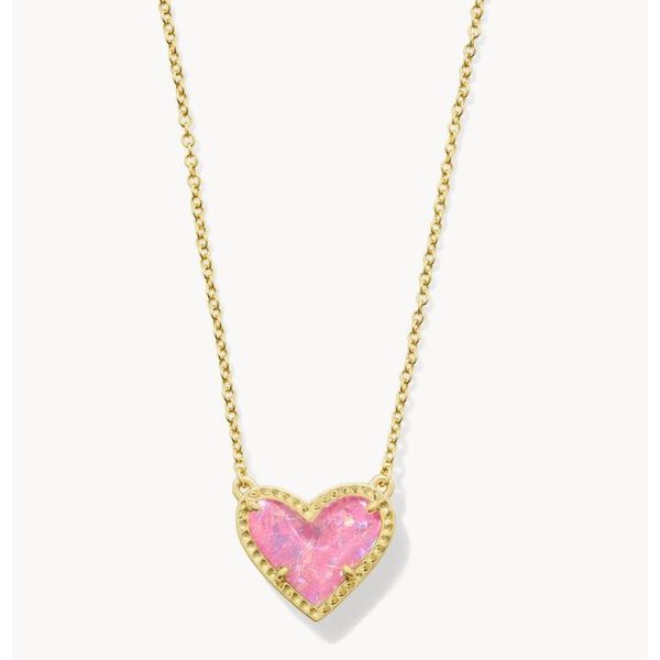 Yellow Gold Plated Pink Iridescent Glitter Ari Heart Necklace Meigs Jewelry Tahlequah, OK