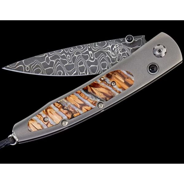 LANCET TITAN FRAME W/MAMMOTH TOOTH INLAY & DAMASCUS BLADE BLK ONYX BUTTON KNIFE 38/500 Meigs Jewelry Tahlequah, OK