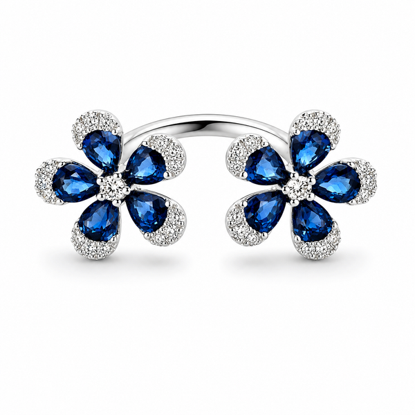 Parviz Designs 14K White Gold Bypass Fashion Ring Featuring Blue Sapphire & Diamond Flower Petals Midtown Jewelers Herndon, VA