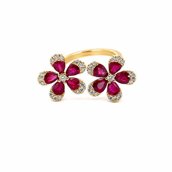 Parviz Designs 14K Yellow Gold Bypass Fashion Ring Featuring Ruby & Diamond Flower Petals Midtown Jewelers Herndon, VA