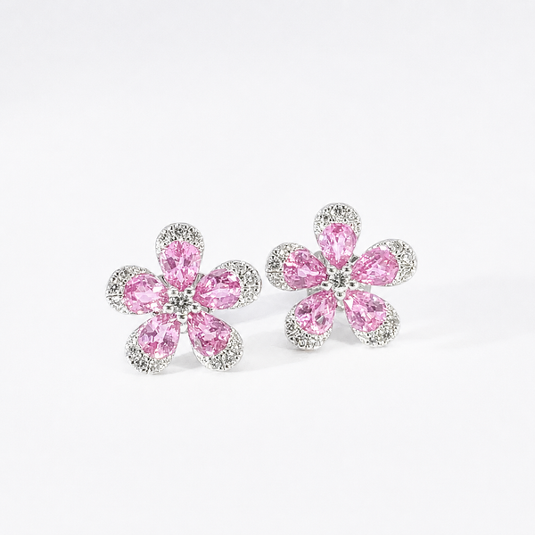 Parviz Designs Platinum Flower Petal Pink Sapphire & Diamond Earrings Midtown Jewelers Herndon, VA