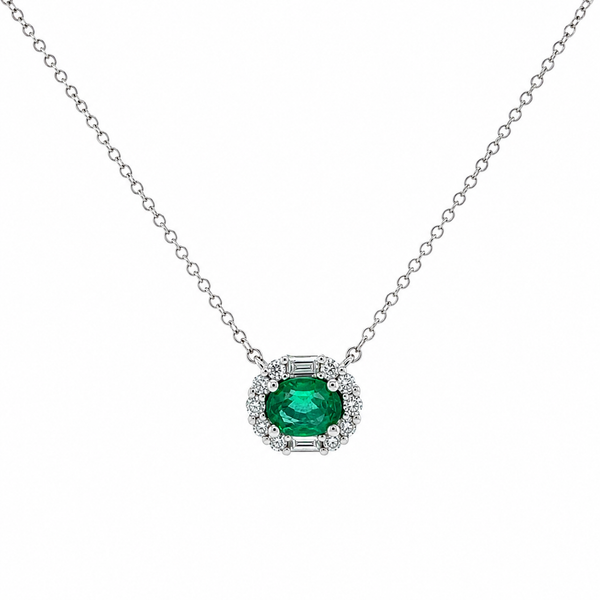 Parviz Designs 18k White Gold Fancy Diamond Halo Side Ways Set Oval Emerald Pendant Midtown Jewelers Herndon, VA