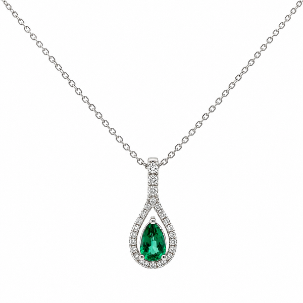 Parviz Designs 18k White Gold Diamond Halo Pear Shape Emerald Drop Pendant Midtown Jewelers Herndon, VA