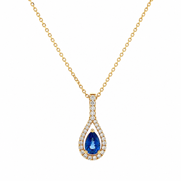 Parviz Designs 14k Yellow Gold Diamond Halo Pear Shape Sapphire Drop Pendant Midtown Jewelers Herndon, VA