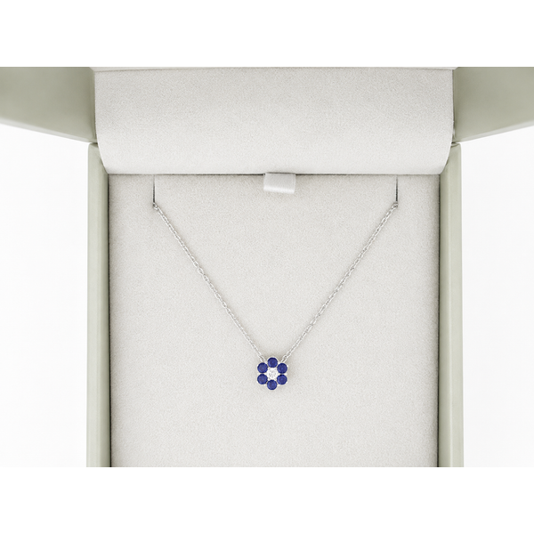 Parviz Designs 14K White Gold Floral Halo Sapphire and Diamond Pendant Midtown Jewelers Herndon, VA