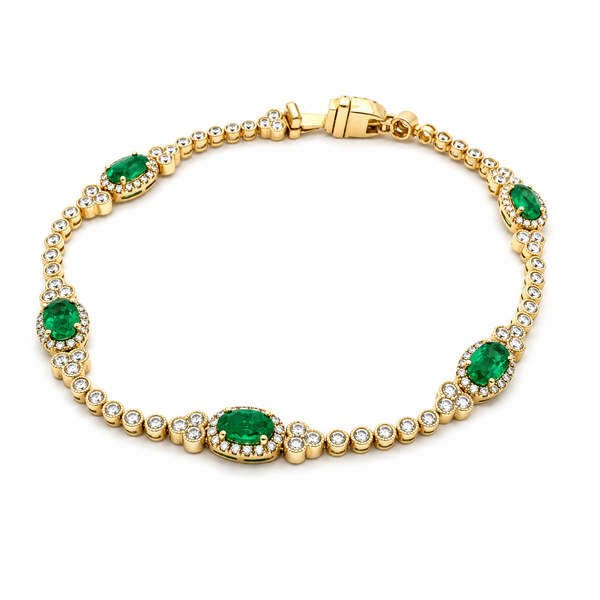 Parviz Designs 14k Yellow Gold Oval Cut Colombian Emerald & Diamond Miligrain Design Bracelet Midtown Jewelers Herndon, VA