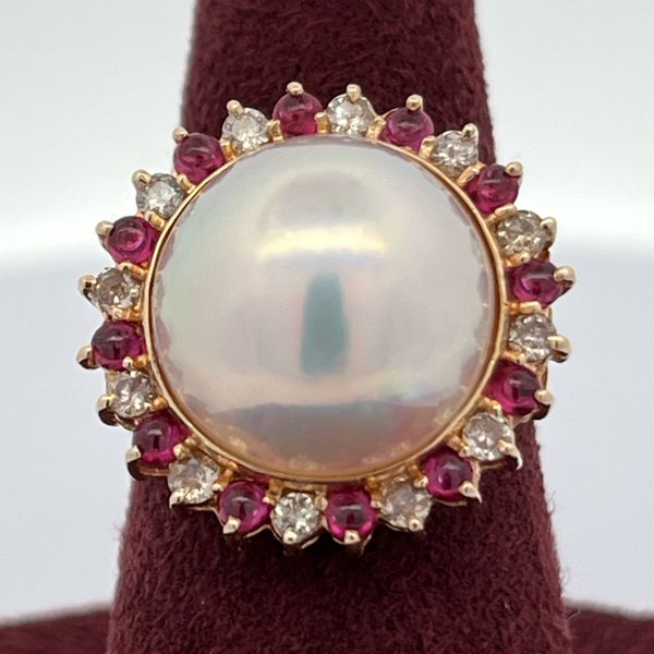 14K Yellow Gold, Pearl, Diamond & Ruby Halo Ring, Size 7, 6.3g Midtown Jewelers Herndon, VA