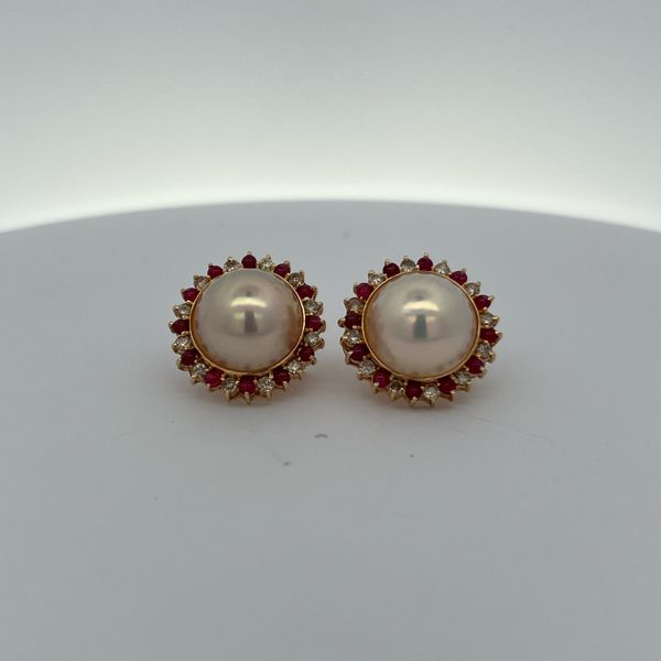 Pearl Button Earrings 14K Yellow Gold Diamond & Ruby Halo 20mm 9.4g Midtown Jewelers Herndon, VA