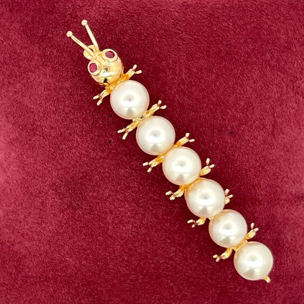 14K Yellow Gold Natural Pearl & Ruby Caterpillar Brooch Midtown Jewelers Herndon, VA