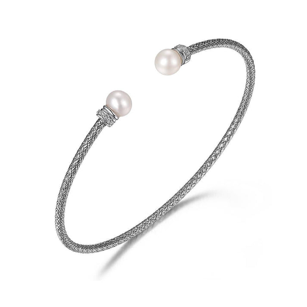 Charles Garnier Sterling Silver 2mm Mesh Cuff with Freshwater Pearl and CZs Midtown Jewelers Herndon, VA