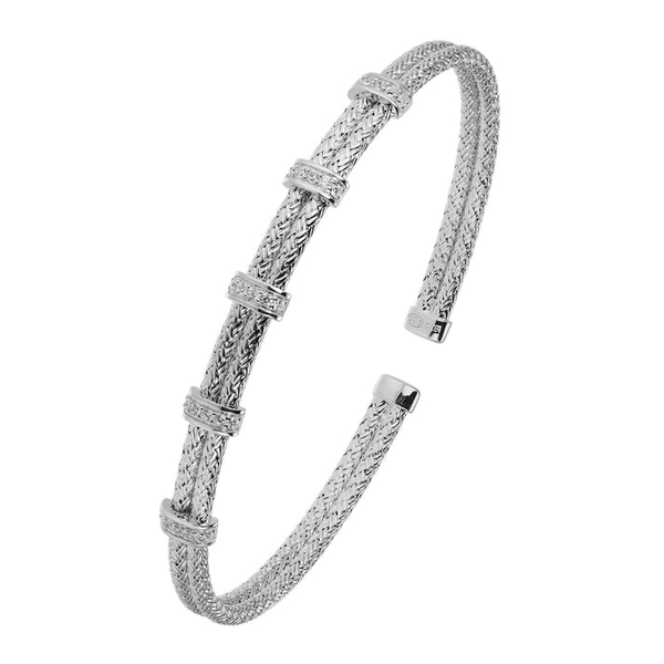 STERLING SILVER DOUBLE 2MM MESH CUFF WITH CZ, RHODIUM FINISH Midtown Jewelers Herndon, VA
