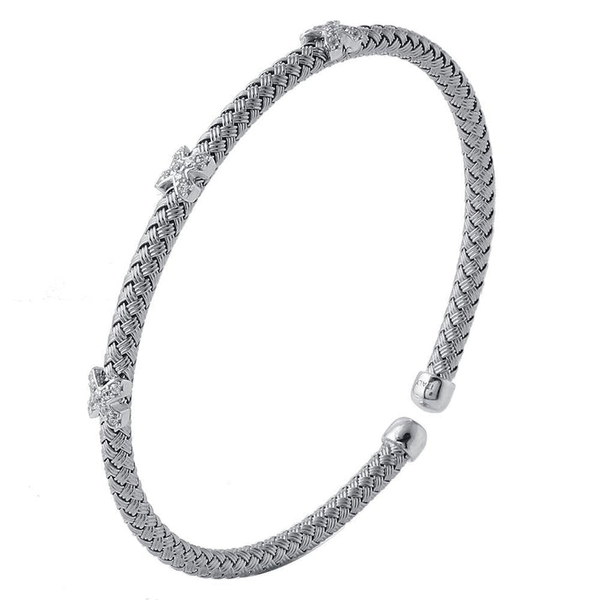 STERLING SILVER 4MM MESH CUFF WITH CZ, RHODIUM FINISH Midtown Jewelers Herndon, VA