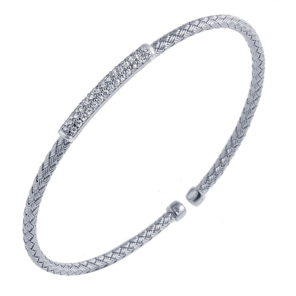 STERLING SILVER 3MM MESH CUFF WITH CZ, RHODIUM FINISH Midtown Jewelers Herndon, VA