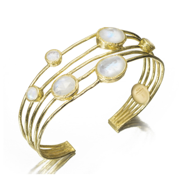 Jorge Revilla: 5-Strand Bangle With Rainbow Moonstone In Sterling Silver With 18k Gold Vermeil 