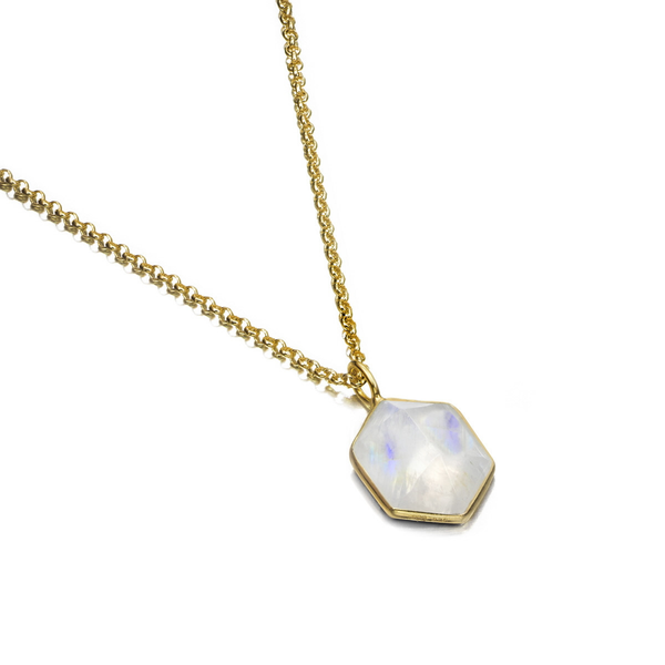 Hexagonal pendant with rainbow moonstone in sterling silver with 18k gold vermeil Midtown Jewelers Herndon, VA