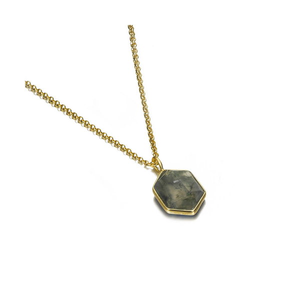 Hexagonal pendant with moss agate in sterling silver with 18k gold vermeil Midtown Jewelers Herndon, VA